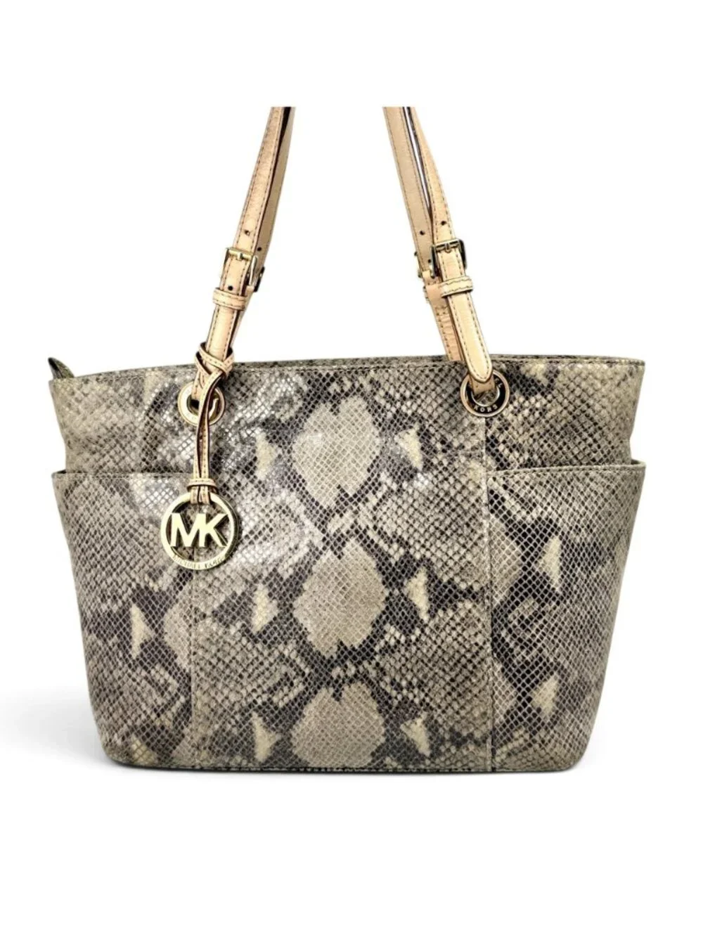 Michael Kors Jet Set Python Embossed Leather Tote Bag - Gray Taupe Neutral